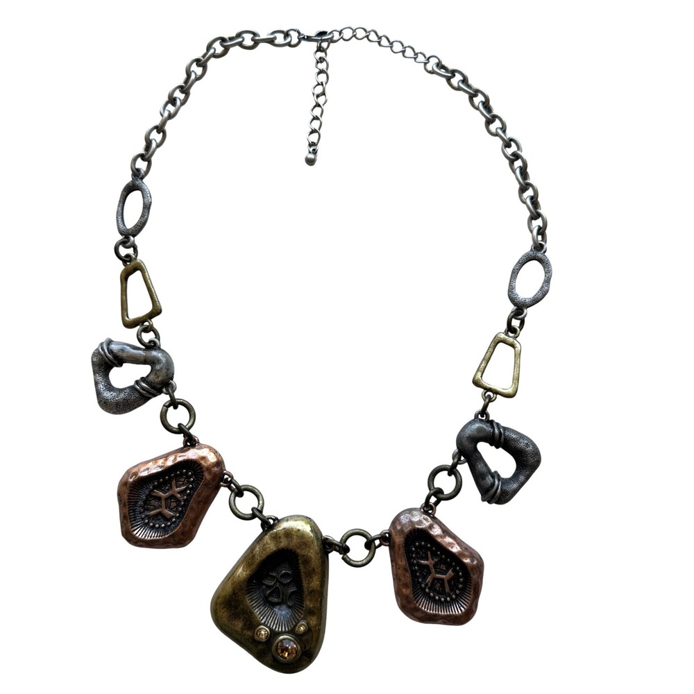 Mixed Metal Brutalist Statement Necklace Chunky Geometric Pendant Bronze Copper
